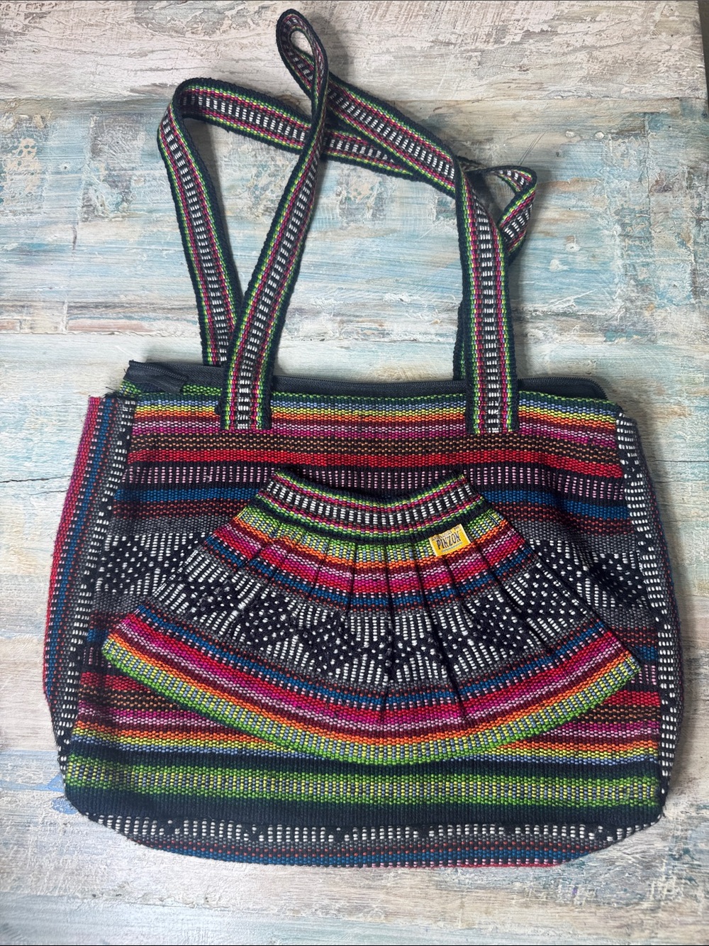 Colorful Boho Hippie Shoulder Bag Made in Mexico Pinzon Front‎ Pocket Zip Top